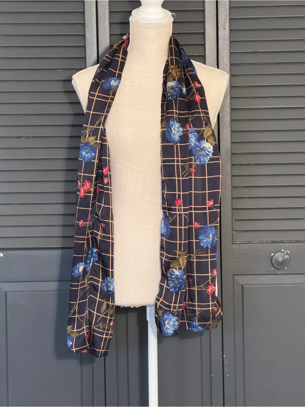 Laura Ashley Vintage Sheer Floral Plaid Scarf Navy Blue 12” x 64”